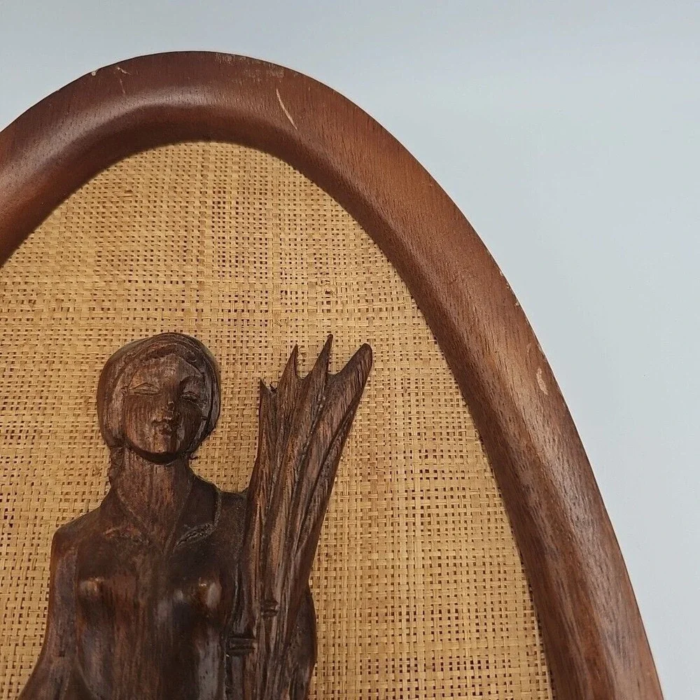 Vintage Hand-Carved Teak Wood Wall Art Oval‎ Shaped Woven Backgrounds MCM